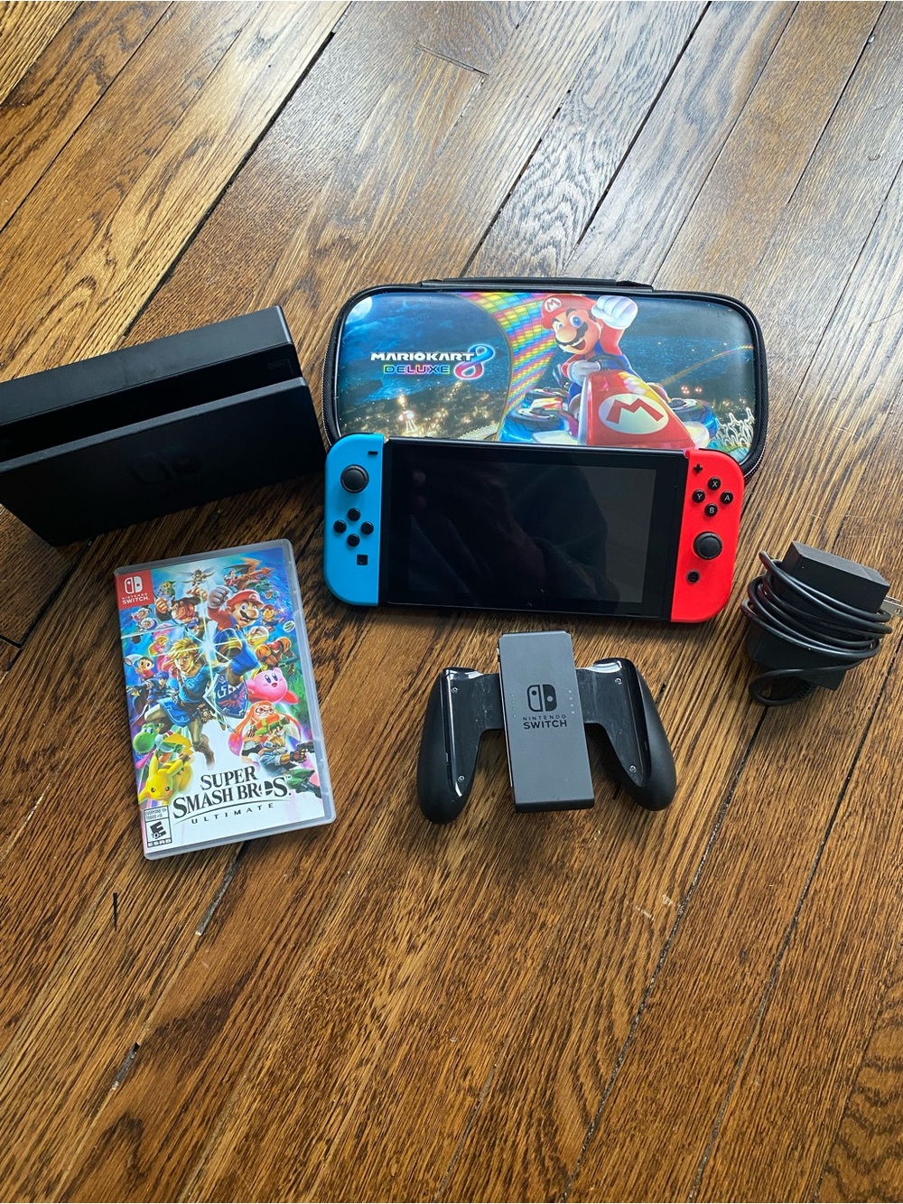 Nintendo Switch with Neon Blue & Neon Red Joy‑Con + Mario Kart Case
